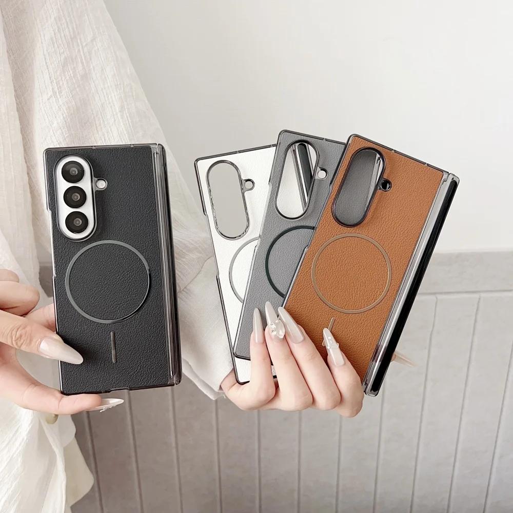 For Magsafe Magnetic Leather Case for Samsung Galaxy Z Fold 7 6 5 4 ZFold Fold7 Wireless Charging Shockproof Business Back Cover