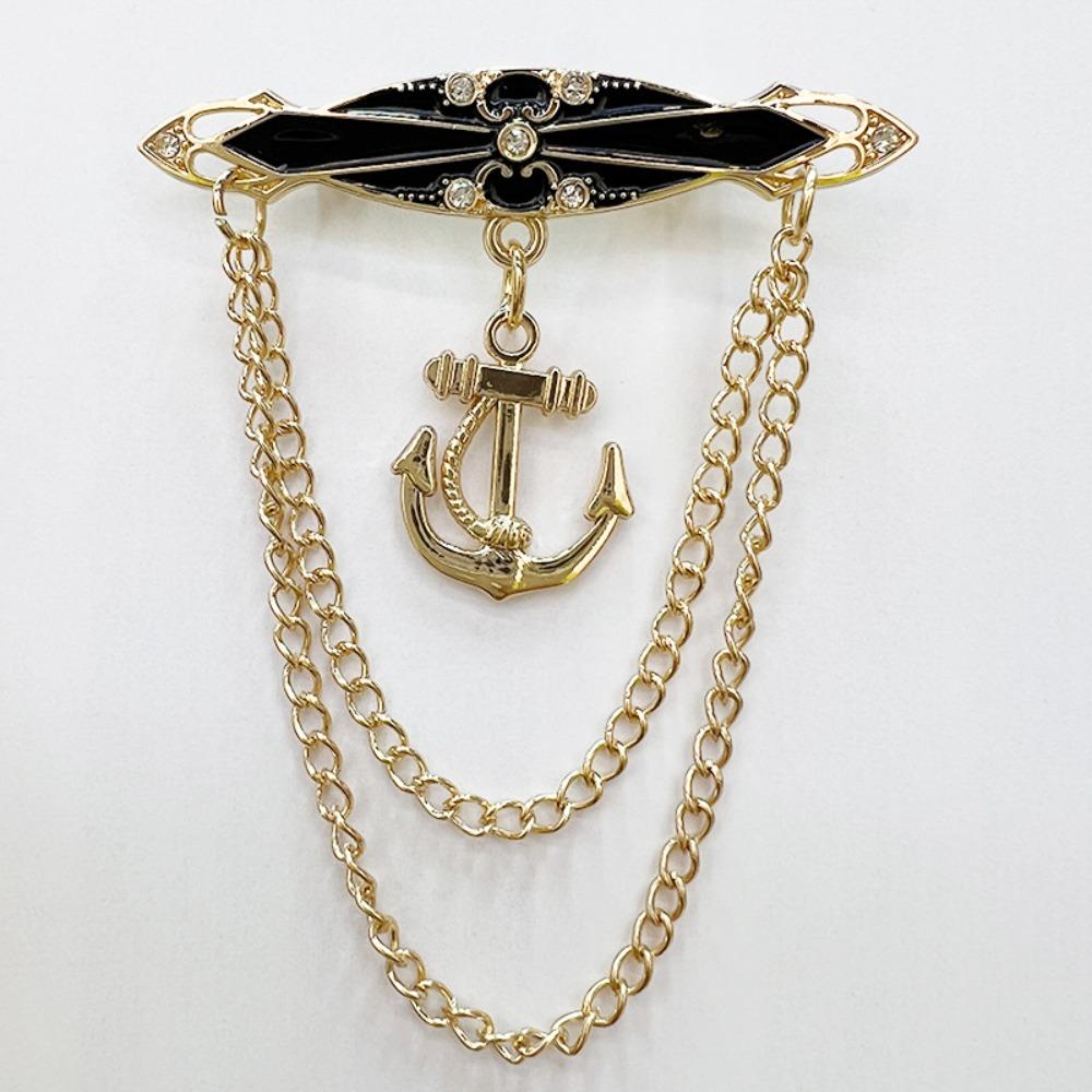 Anchor Alloy Rhinestone Brooch Pin British Style Suit Elegant Tassel Chain Lapel Pins for Men Women Fashion Jewelry Accessories