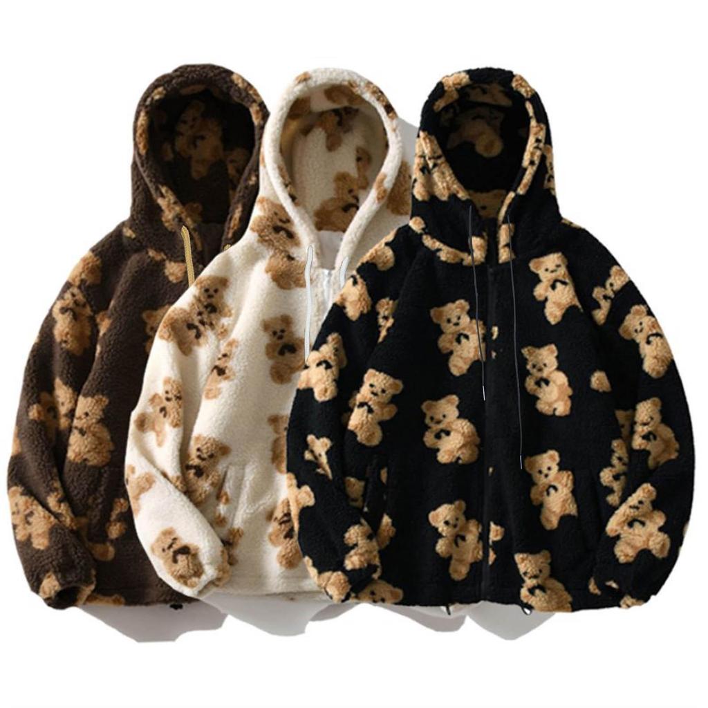 Herbst Winter Damen Mit Kapuze Plüsch Bär Gedruckt Cartoon Pullover Damen Winter Warme Jacke Fleece Jacke