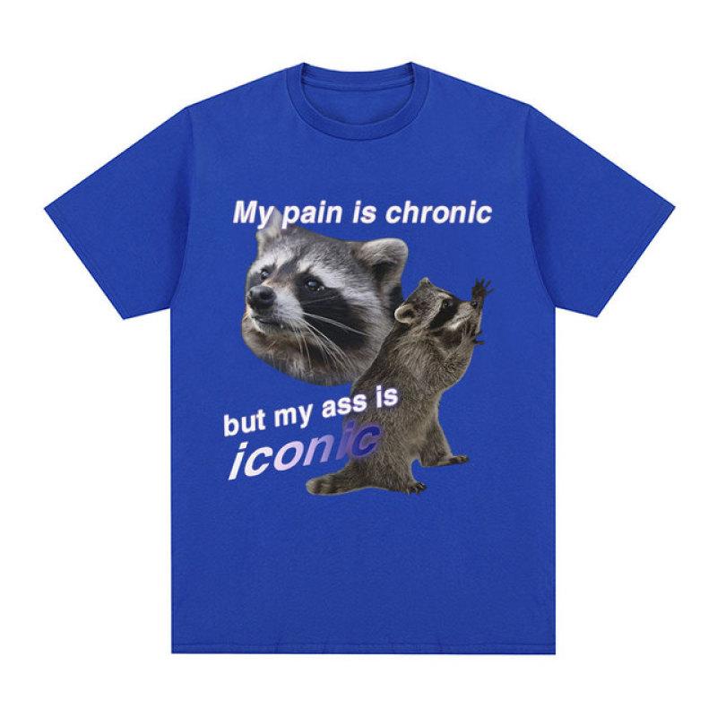 Funny My Pain Is Chronic But My Ass Is Iconic Raccon Meme T-shirt Men Cotton Short Sleeve T Shirts Fashion Casual Vintage Tees