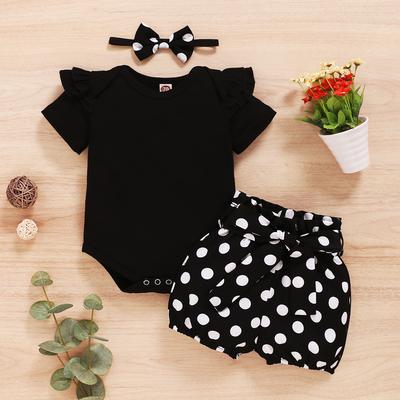 0-18 Monate Säuglinge Baby Mädchen Set Schwarzer Kurzarm Body + Gepunktete Shorts + Stirnband Kleinkind Mädchen Sommer Mode 3-teiliges Bekleidungsset