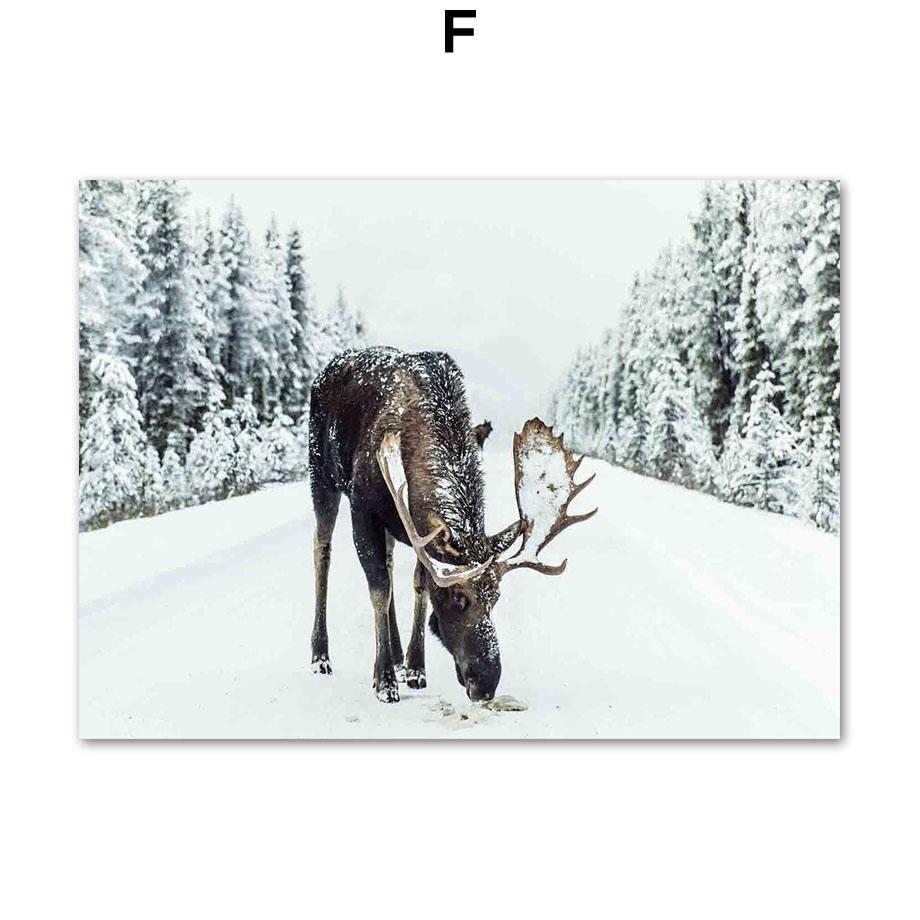 Vinter Snø Skog Fjell Furutre Elg Hjort Veggkunst Lerretsmaleri Plakater og utskrifter Veggbilder til stuedekor