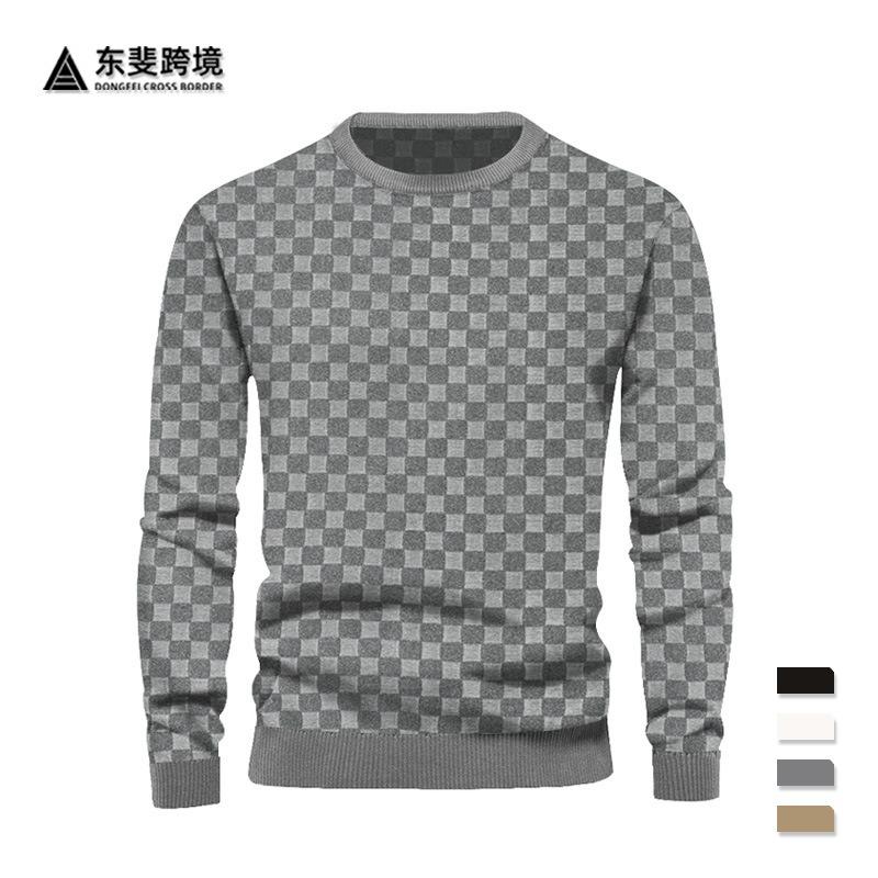 Men's Autumn and Winter Men's Knitted Sweater Jacquard Checkerboard Crew Neck Casual Bottom Long Sleeve Top Casual