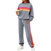 Fashionable Women's Round-Neck Loose Color-Striped Elastic Waist Sweatpants Set