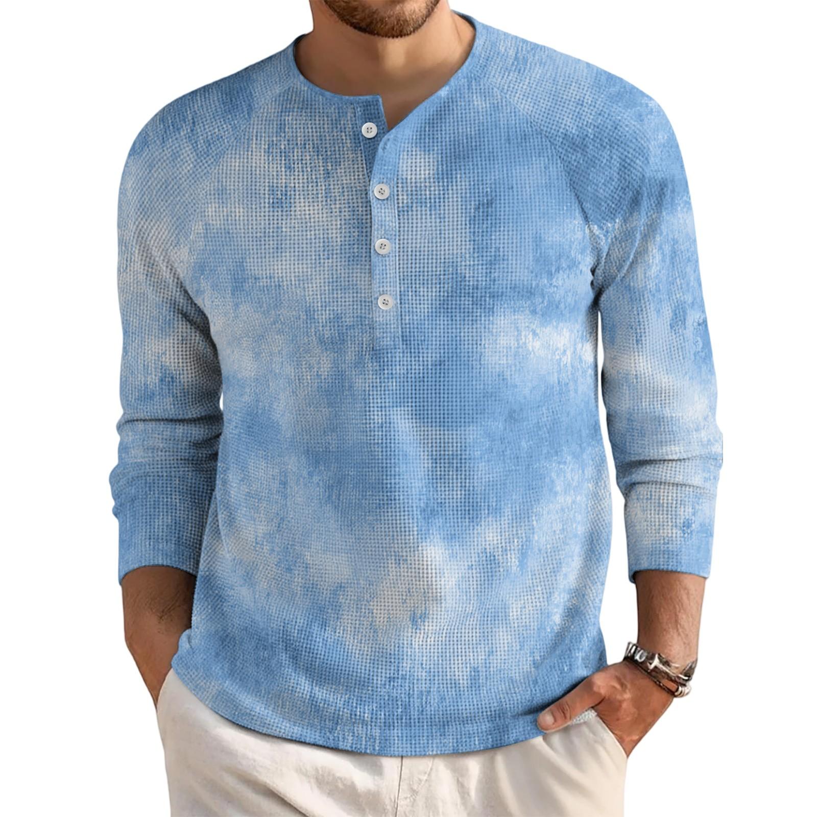 

Men s Loose Casual Button Down Collar Long Sleeve Top L синий