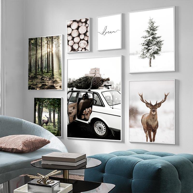 Winter Snow Forest Deer Owl Sunlight Landscape Painting Nordic Morning Scenery Canvas Poster Print Art Wall Pictures Home Decor