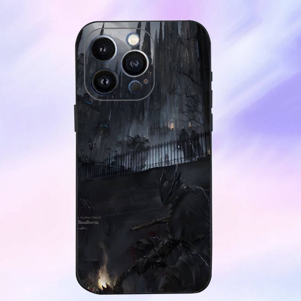 Funda de Teléfono para iPhone 16,15,14,13,12,11 Plus,Pro Max,XS,X,XR,SE,Mini,8,7 Game B-Bloodborne Dark Souls, Cubierta Negra de Silicona Suave
