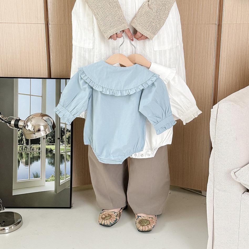 Korean Style Baby Girl Long Sleeve Lace Collar Footed Bodysuit Jumpsuit Romper