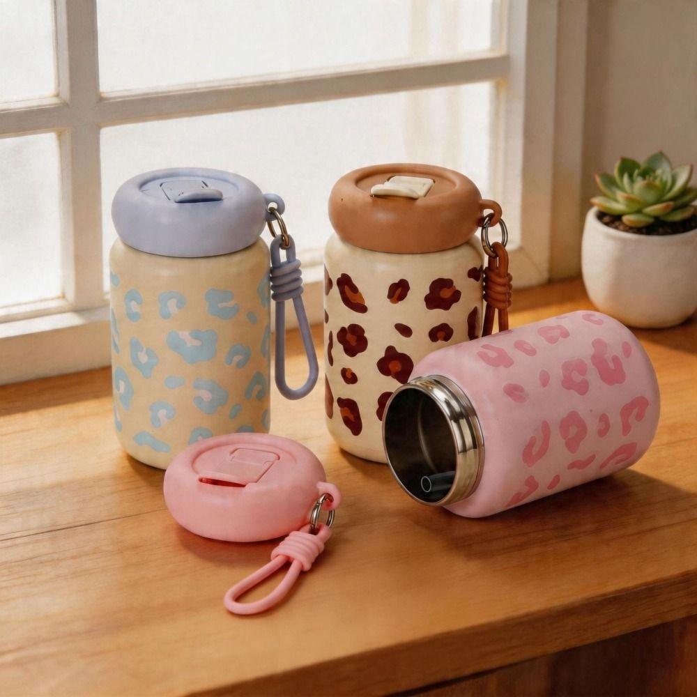 Leopard Print Straw Thermos Cup Mini Drinking   Water Cup Insulated  Water Bottle  Outdoor Sports