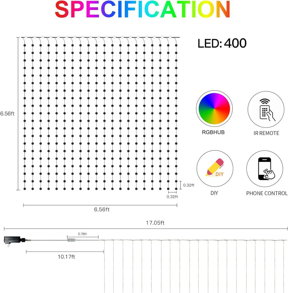 RGB Curtain String Lights Music Sync Text Display Fairy Light 400 LED App Controlled DIY Christmas Curtain Light Wall Room Decor