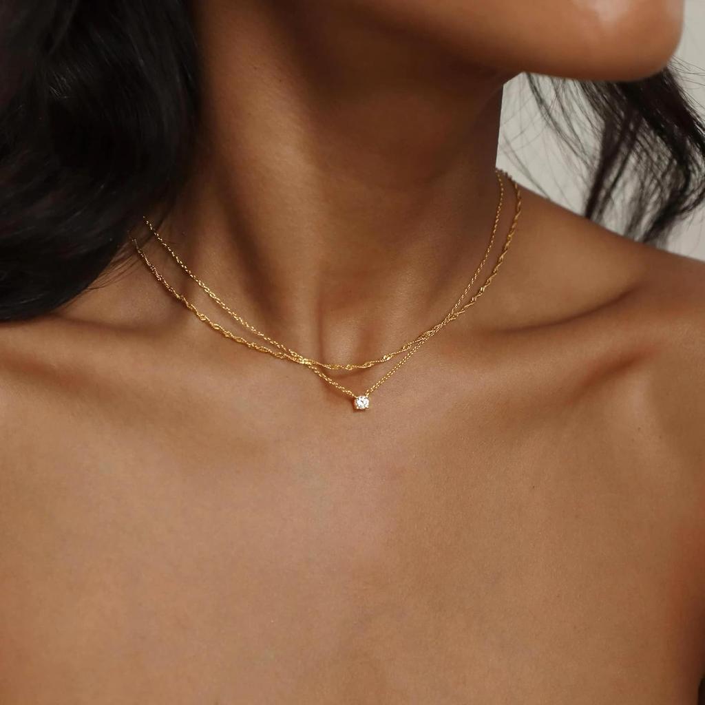 Tewiky Dainty 14k Gold Plated/Silver Cubic Zirconia Necklaces for Women | Simple CZ Jewelry Necklaces Trendy Gifts