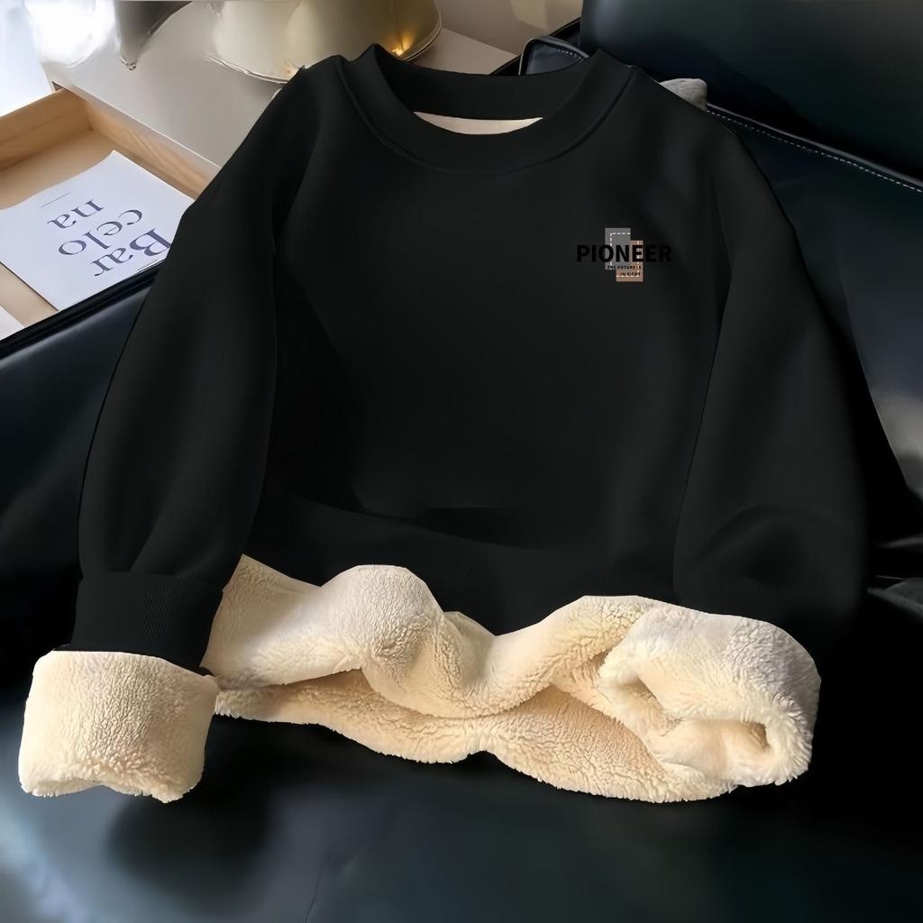 Fleece Thermal Sweater Winter Men's Fleece Thickened Crew Neck Without Hat Simple Fashion Letter Versatile Top