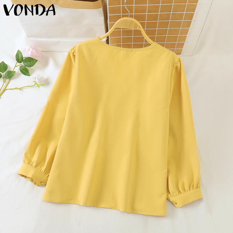 VONDA Women Casual Lace V-Neck Lantern Long Sleeve Blouses