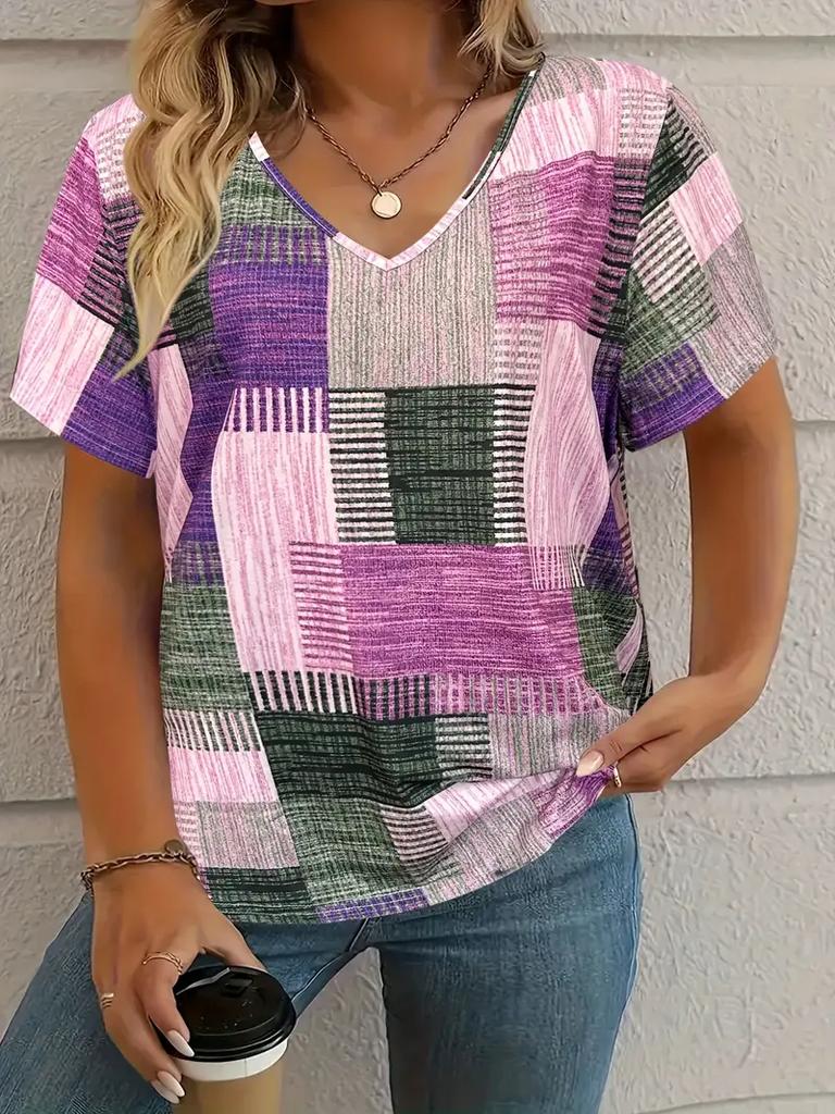 Sommer Kariertes Damen V-Ausschnitt T-Shirt Outdoor Lässig Kurzarm Tops Kariert Bedruckt Trendy Peplum Übergröße Damenbekleidung