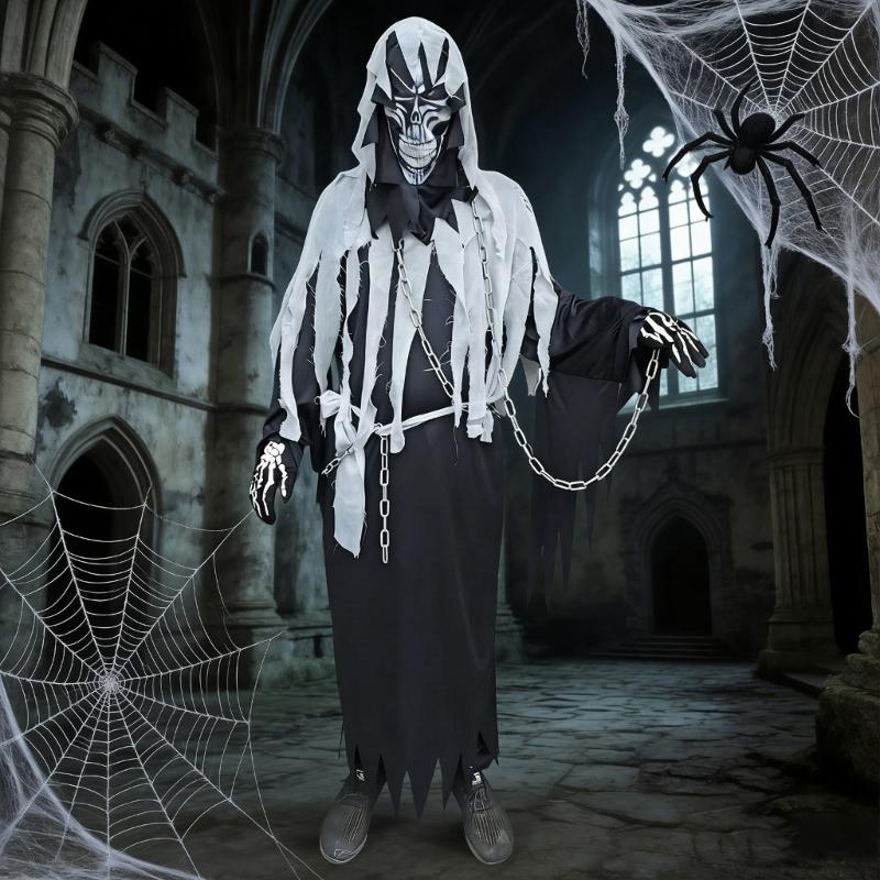 6Pcs Grim Reapers Costume for Adults,Scary Halloween Costume with Grim Reapers Mask Headgear Skeleton Gloves,Waist Belt