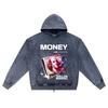 DTG Print Knitted Denim Zip-Up Hoodie Money Brother Print Zipper Hoodies  