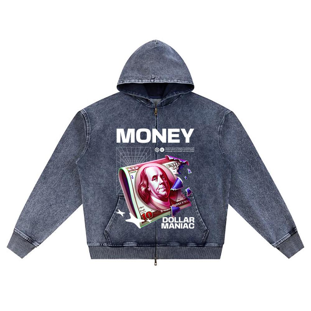 

DTG print Knitted Denim Zip-Up Hoodie Money Brother Print Zipper Hoodies XL темно-синий