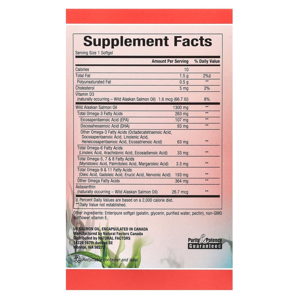 Natural Factors 100% Wild Alaskan Salmon Oil 1300mg Enteripure Softgels, 90 Count