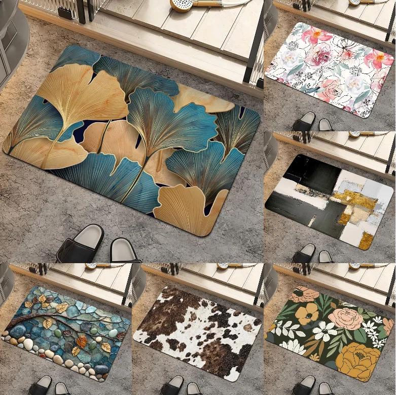 Ginkgo Flower Geometric Pattern Carpet Bathroom Kitchen Living Room Door Mat Natural Art Print Indoor Floor Decoration Mat