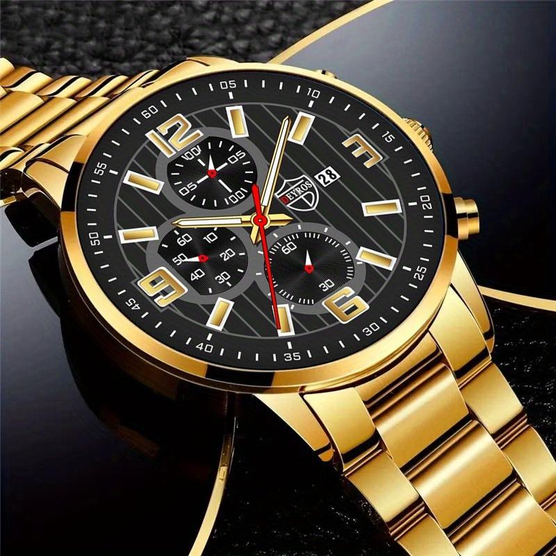 3 teile/satz, 1 pc Mode herren Kalender Casual Edelstahl Quarz Uhr & 1 pc Armband & 1 pc Halskette, männer Geschenke