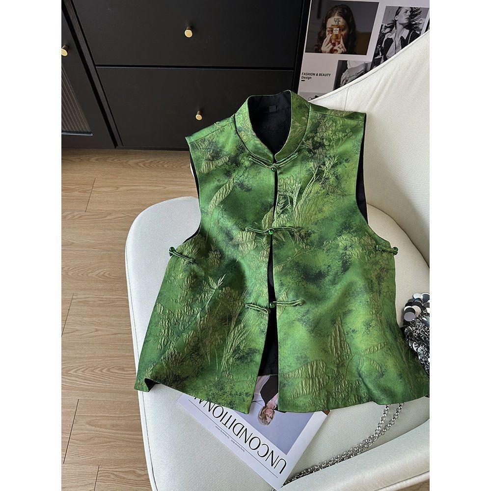 

Jacquard acetic acid green vest women s spring 2025 new embroidered buckle vest top 3XL (recommended 138-75kg)