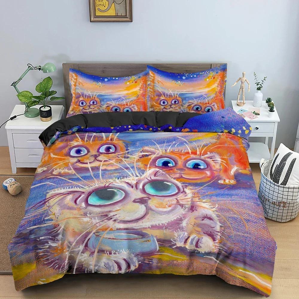 Luxury New 3D Print Watercolor Cartoon Cat Pattern Quilt Cover Bedding Set Bedroom Decor Duvet Covers Pillowcase King Single
