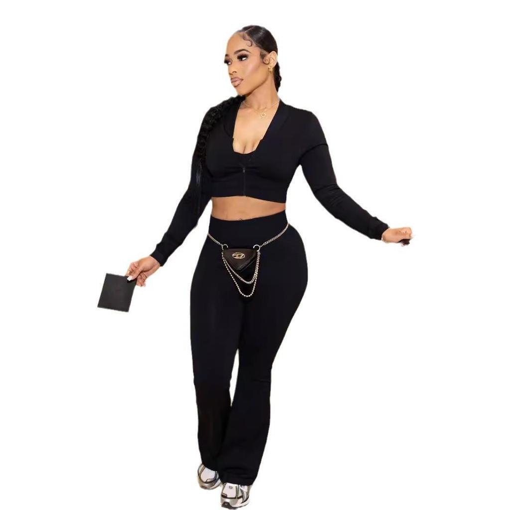 TW492 Stilvolles Dreiteiler-Set für Damen: Einfarbiges Sexy Cropped Lässiger Sportanzug