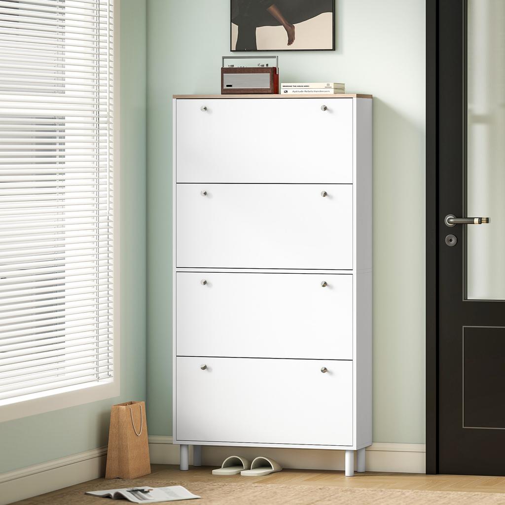 Slim Shoe Rack, 4 Folding Drawers, Adjustable Shelves, 24-32 Shoes, 80x23.5x157cm, White