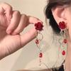 Autumn and Winter New Red Velvet Rose Earrings Retro Fringed Stud Earrings Niche Design High-end New Year's Earrings Women