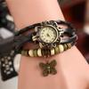 Vintage Cow Leather Watch Women Ladies Fashion Butterfly Beads Dress Quartz Wristwatch