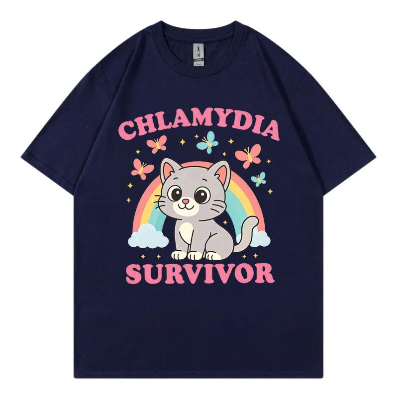 Chlamydia Survivor Funny Cat Meme Graphic T Shirts Men Women Clothing Kawai Fashion T-shirt Harajuku Y2k Short Sleeve T-shirts
