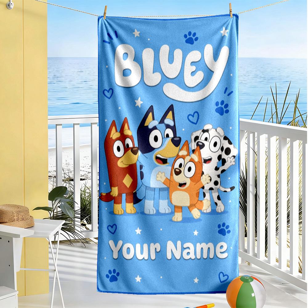 Bluey Personalized Text Beach Towel Quick-Dry Soft Microfiber For Beach Bathroom Outdoor Swimming Pool Camping Picnic Yoga Diving Vacation Accessories