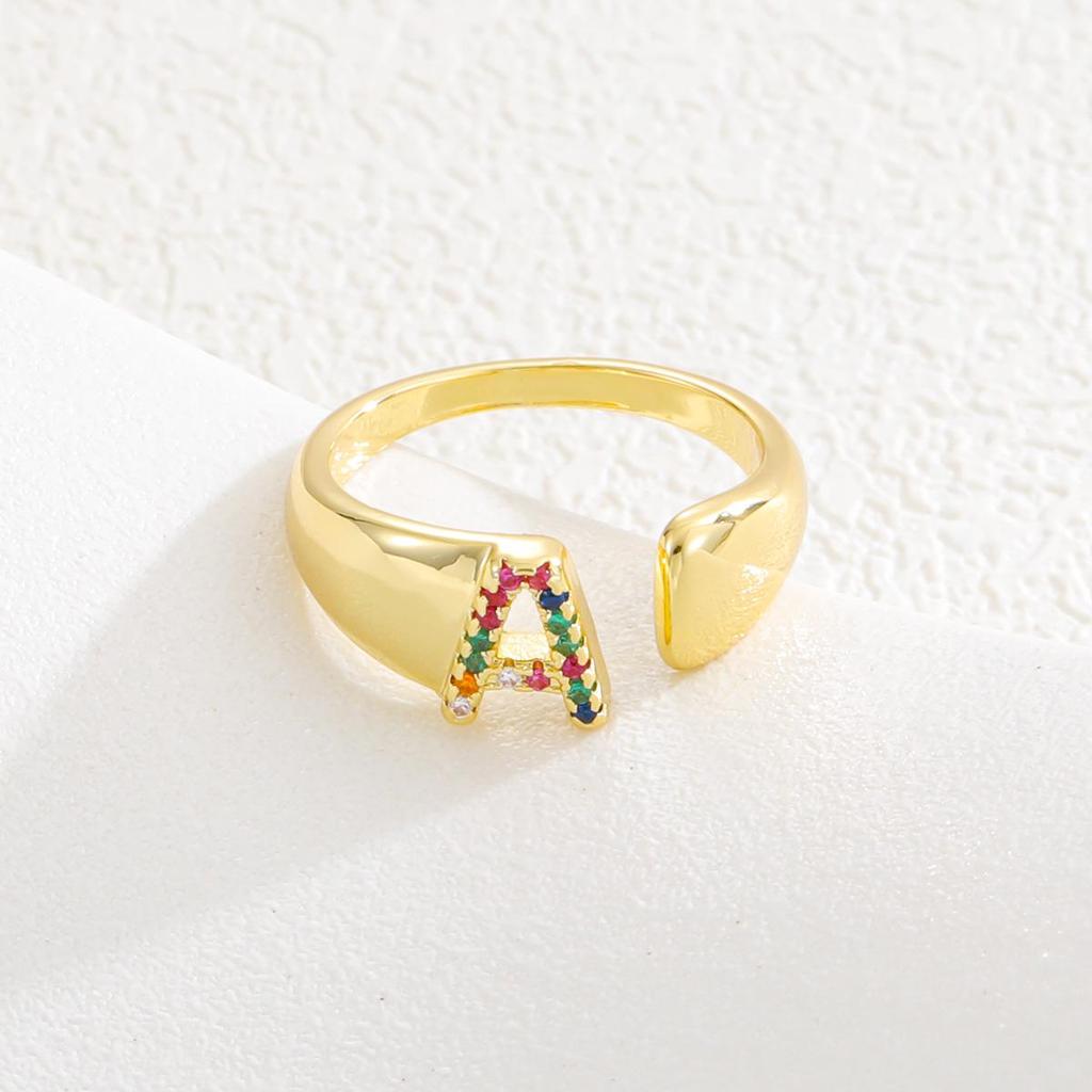 Fashionable Colorful Zircon Alphabet Adjustable Retro Ring