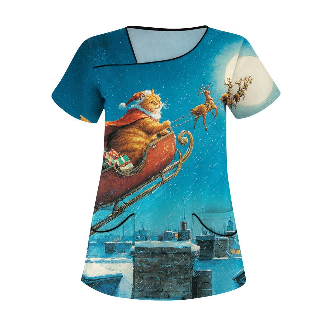 Women's Printed Work Clothes, Sloping Collar And Double Layer Pockets, Basic Top Pullover