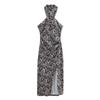 Retro European & American Women's Sleeveless Halter Slit Dress with Print