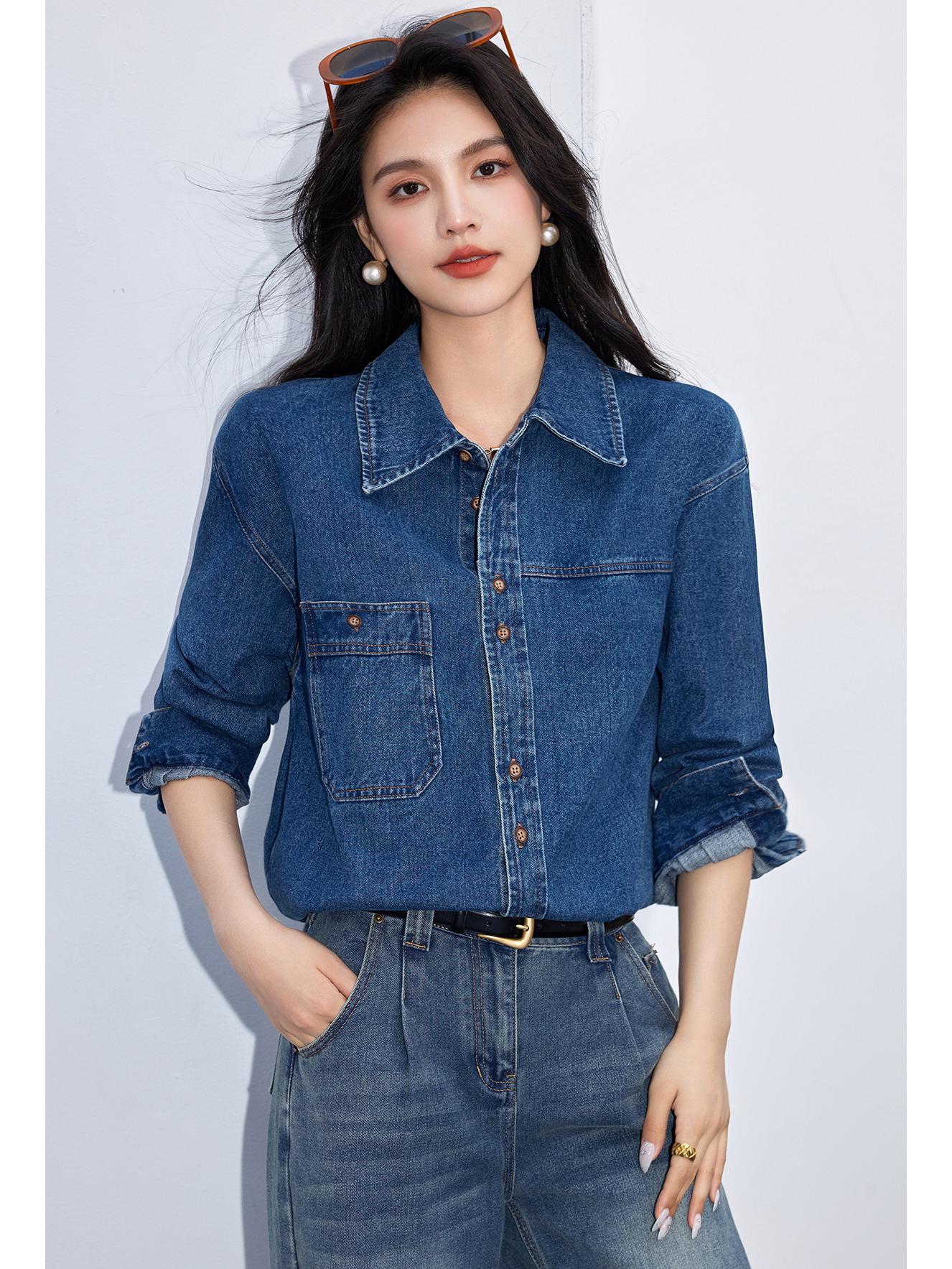 

Vintage Literary-Style Layered Long Sleeve Spring Shirt Small джинсовый синий