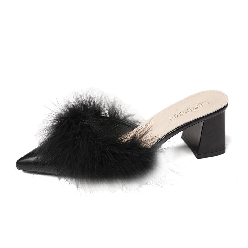 2024 Autumn New Foreign Trade Large Size Fine Heel Cool Slippers One-word Drag Bag Head Wear High Heel Slippers