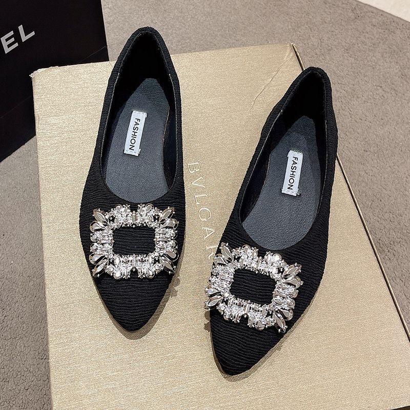 French Ladyshoes Single Shoes 2025 New Spring and Autumn Gentle Evening Pointed Shoes Flat Bottom Shallow Mouth Soft Bottom Temperament Rhinestone