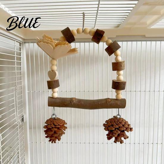 Bird Standing Branch Wooden Parrot Swing Toy Hanging Perch Stand with Pinecone/Bell Cage Natural Wood Toy for Parakeet Cockatiel Finches Conures