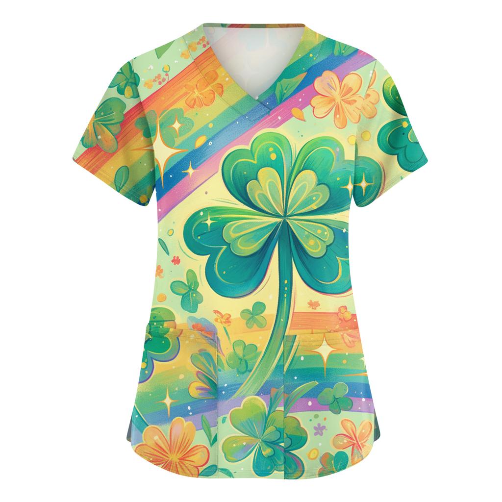 Ladies' St. Patrick Print Fashionable V-neck Pocket Short Sleeved Uniform And Caregiver Top