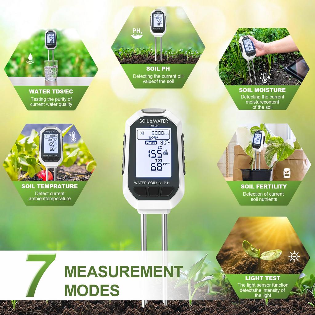 7-in-1 Soil & Water Meter Digital Plant Temperature/Soil Moisture/pH Meter/Light Intensity/Fertility/EC/TDS with Backlit LCD Display