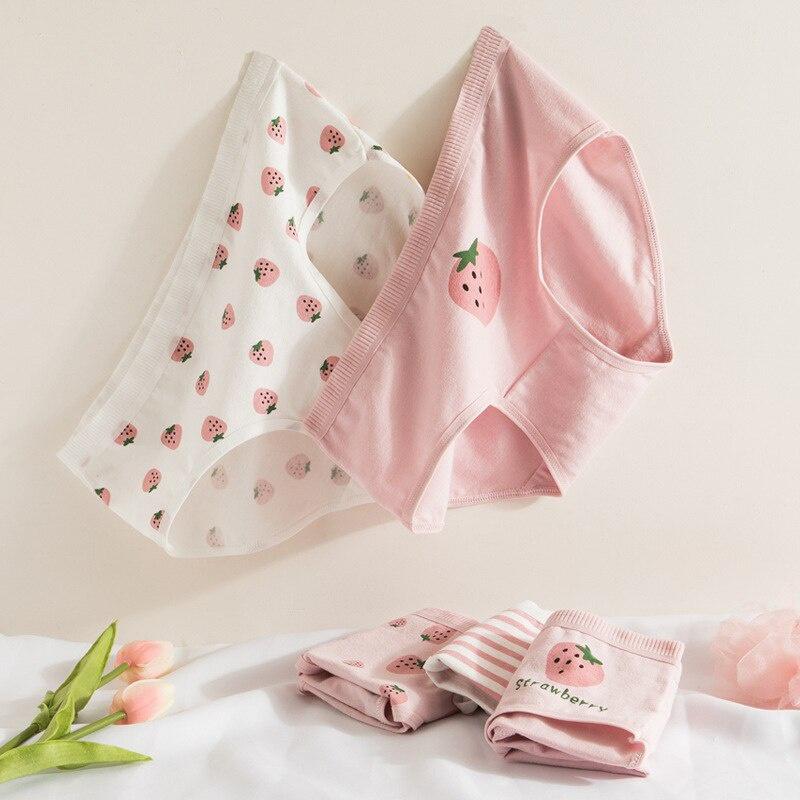 New 3Pcs/Set of Pink Strawberry Cotton Underwear Female Mid-waist Cute Girl Student Pants Breathable Triangle Shorts