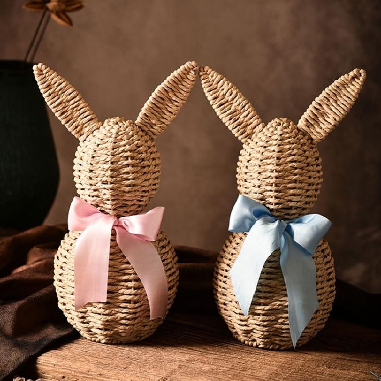 Artistic Woven Faux Rattan Easter Bunnies Figurine Decoration with Bowknot for Farmhouse Home Decors Festives Ornament