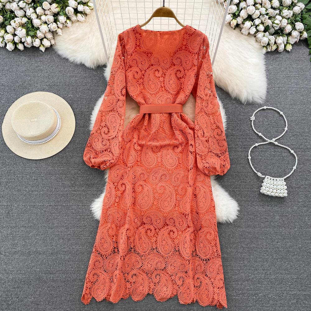 Spring Autumn Red/Yellow/Purple/Blue Hollow Out Embroidered Long Dress Women Vintage Lace Puff Sleeve Party Maxi Vestidos