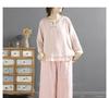 Tide Women's Spring Elastic Waist Cotton Linen Straight Leg Pants with Retro Embroidery