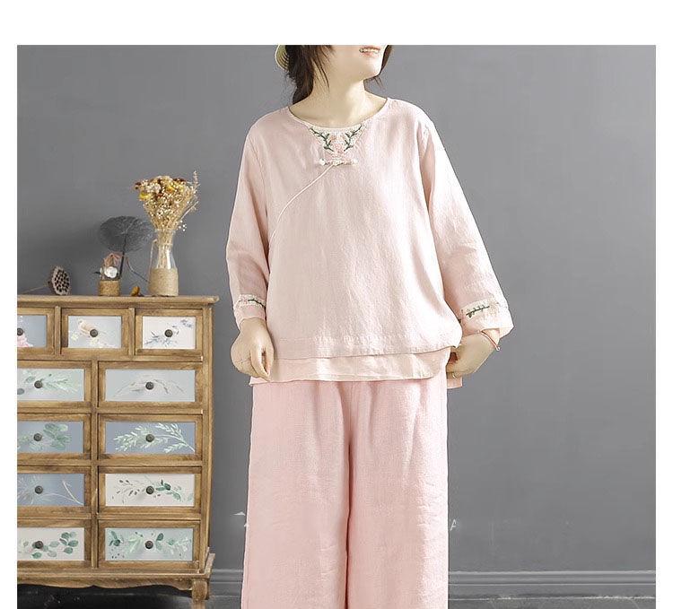 Tide Women's Spring Elastic Waist Cotton Linen Straight Leg Pants with Retro Embroidery
