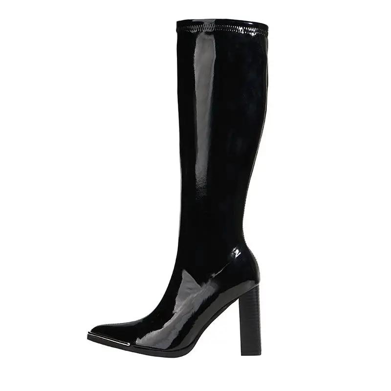 

Women s Boots Long Footwear Winter Knee High Shaft Shoes for Woman Very Heel Square Toe Black Novelty Work Fashion New Rock 42