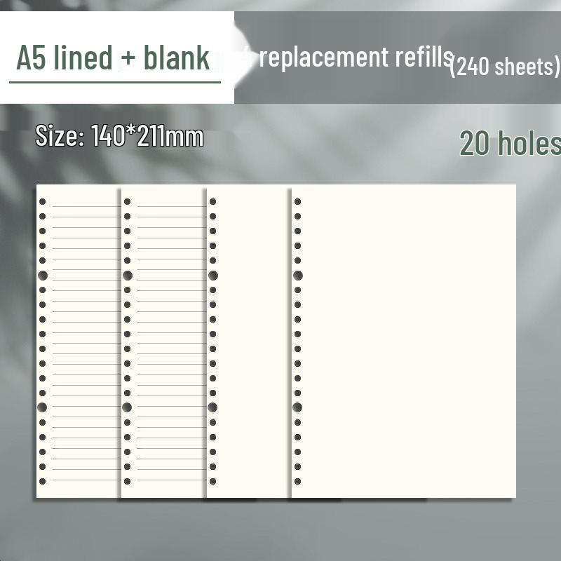 B5 Loose-Leaf Notebook Refill with 26-Hole and A5 Detachable Loose-Leaf Paper, 20-Hole Horizontal Line Grid for Exam Prep.