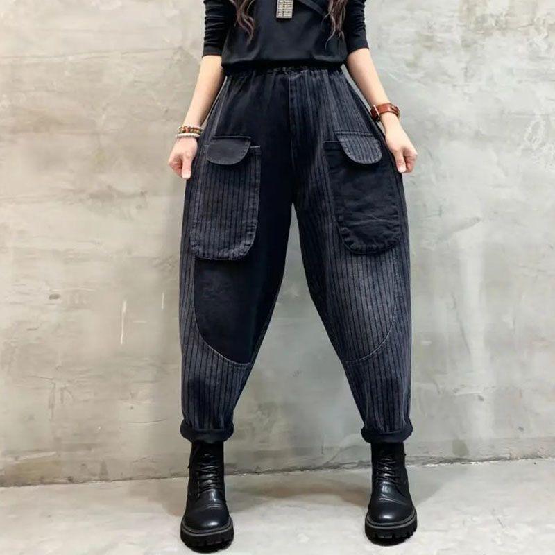 In-Stock 2023 Spring Fashion: Retro Printed Distressed Denim Harem Pants, Loose Fit, Plus Size