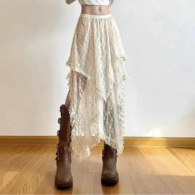 

Кружевная асимметричная юбка, женская винтажная Y2K Boho, эстетичная модная юбка средней длины с высокой талией, летние женские праздничные наряды One Size